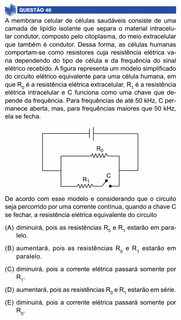 Enunciado da questão 40 de Física do UNIFIMES 2024 (Mineiros, 2º semestre)