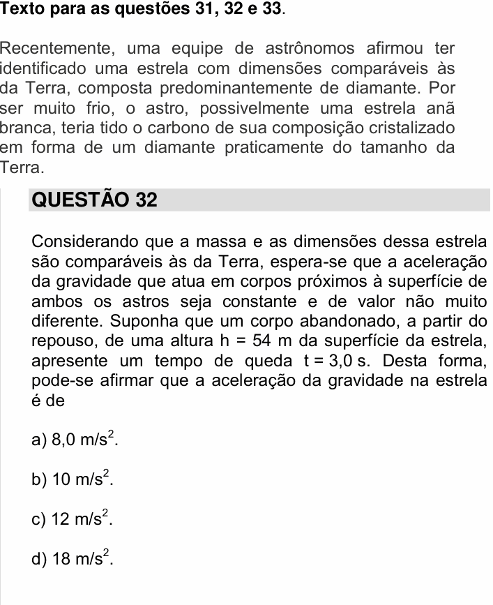 Enunciado da questão 32 de Física do UNICAMP 2015
