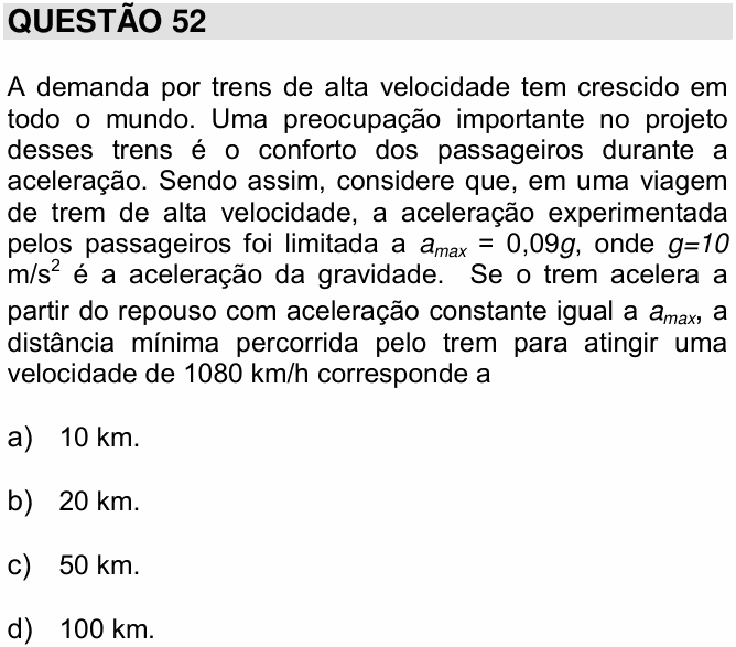 Enunciado da questão 52 de Física do UNICAMP 2016