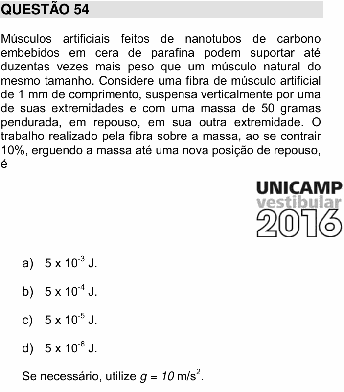 Enunciado da questão 54 de Física do UNICAMP 2016