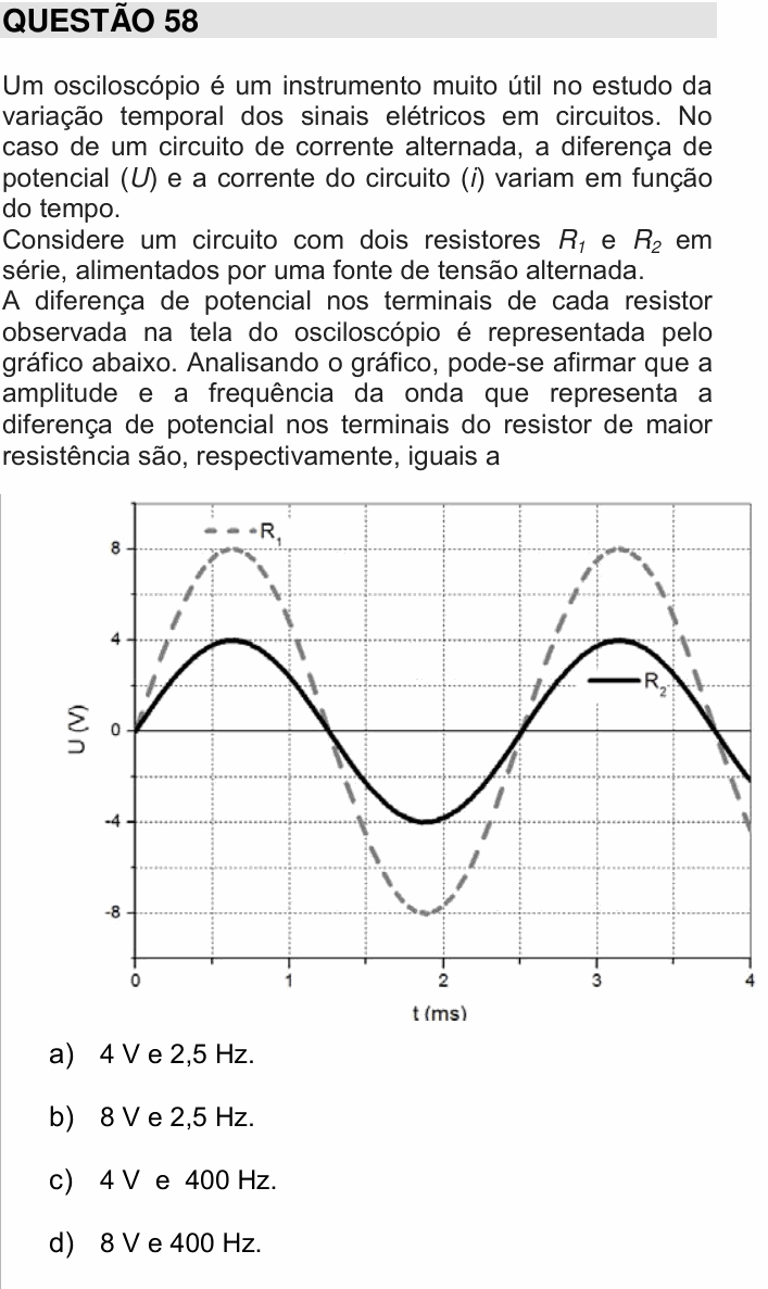 Enunciado da questão 58 de Física do UNICAMP 2016