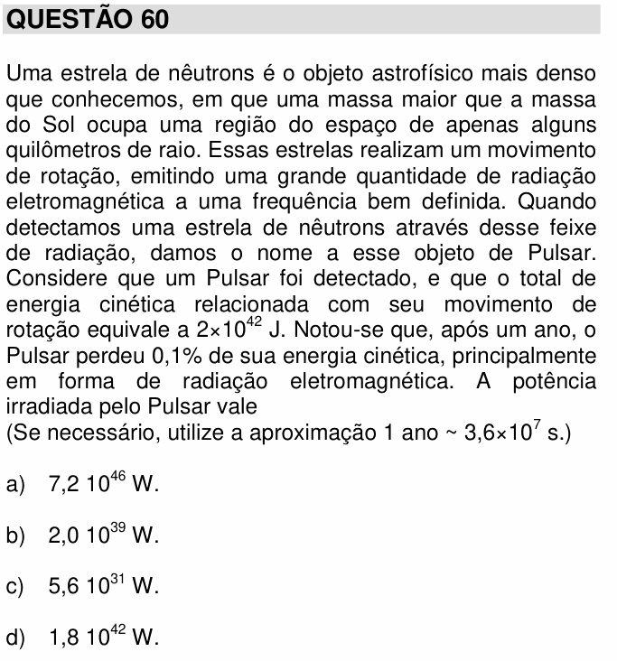 Enunciado da questão 60 de Física do UNICAMP 2017