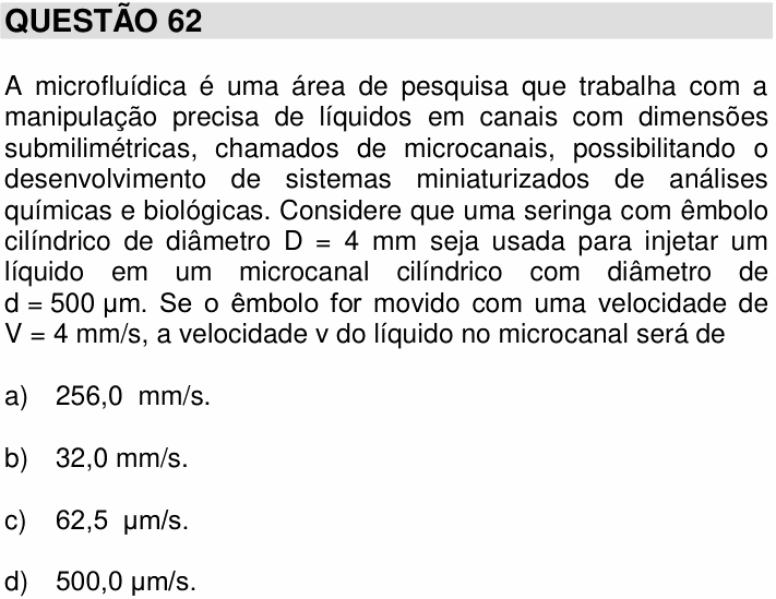 Enunciado da questão 62 de Física do UNICAMP 2017