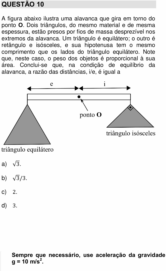 Enunciado da questão 10 de Física do UNICAMP 2018