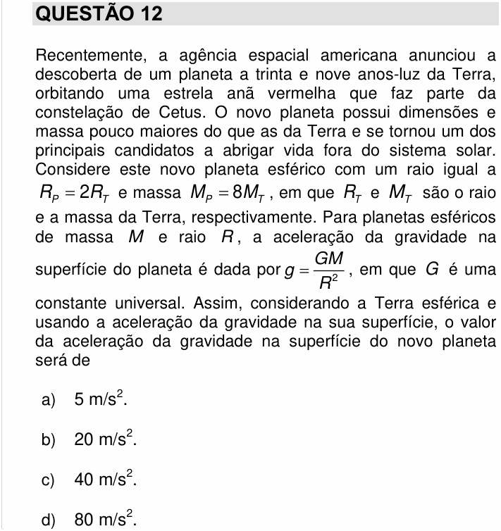 Enunciado da questão 12 de Física do UNICAMP 2018
