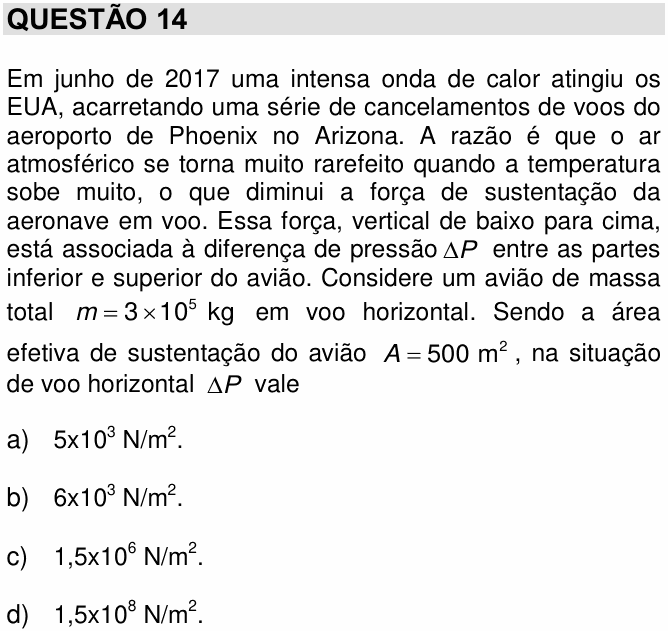 Enunciado da questão 14 de Física do UNICAMP 2018
