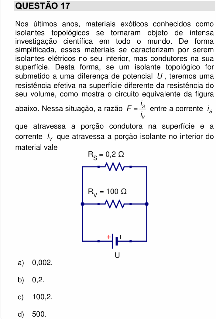 Enunciado da questão 17 de Física do UNICAMP 2018