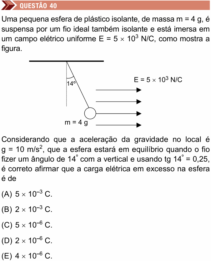 Enunciado da questão 40 de Física do Unimes 2018