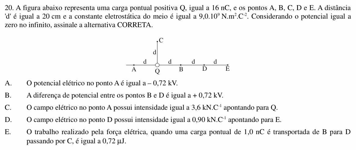 Enunciado da questão 20 de Física do UNIOESTE 2014