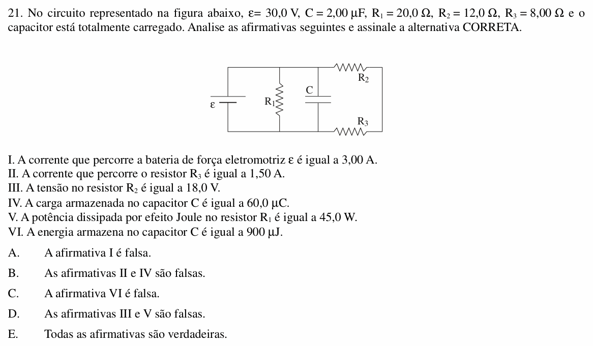Enunciado da questão 21 de Física do UNIOESTE 2014