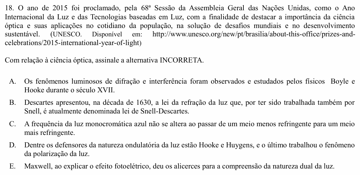 Enunciado da questão 18 de Física do UNIOESTE 2016