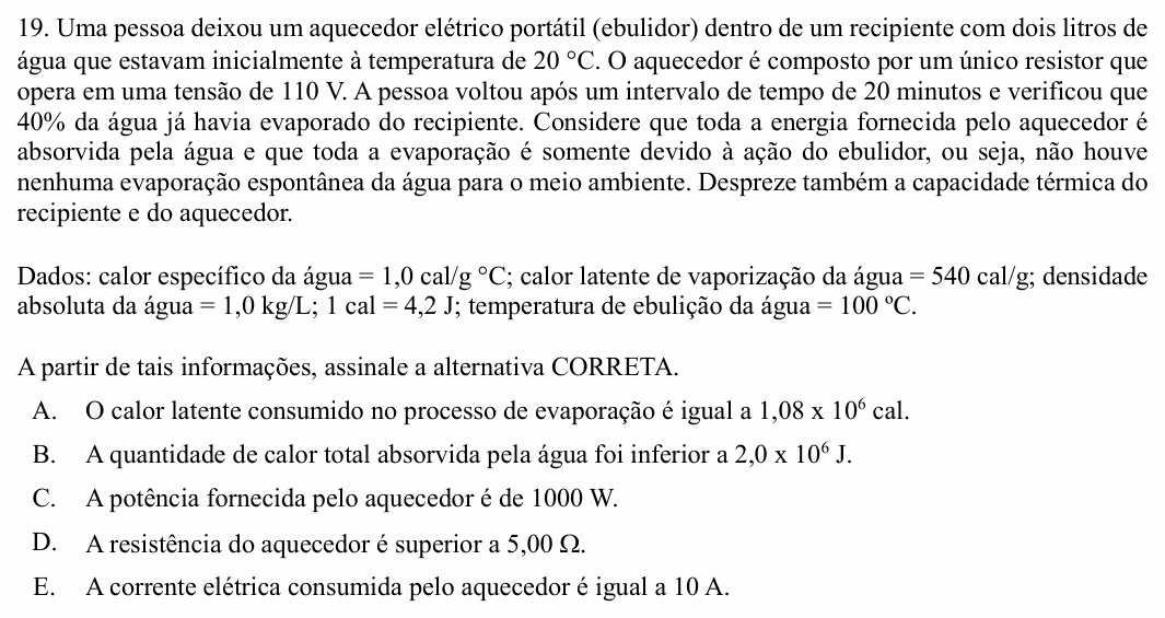 Enunciado da questão 19 de Física do UNIOESTE 2017