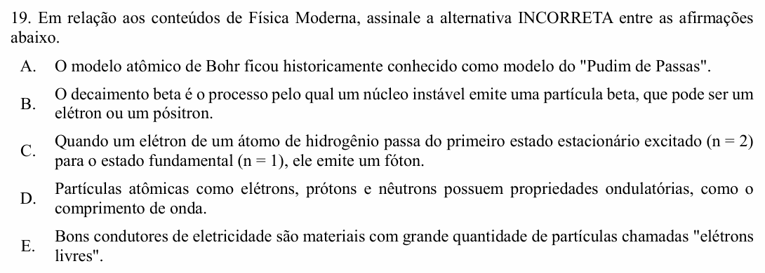 Enunciado da questão 19 de Física do UNIOESTE 2018