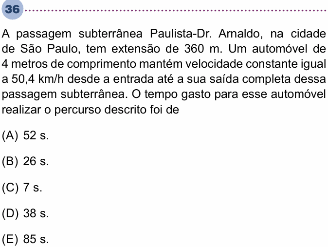 Enunciado da questão 36 de Física do Unisa 2020