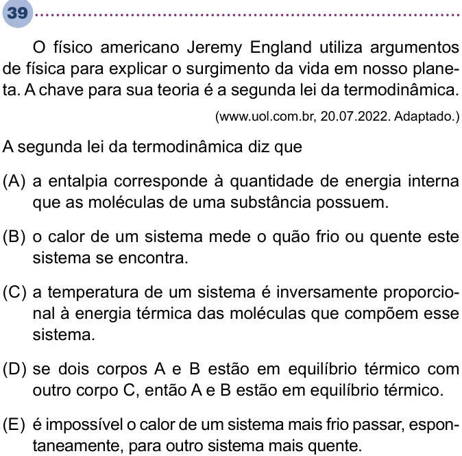 Enunciado da questão 39 de Física do Unisa 2023