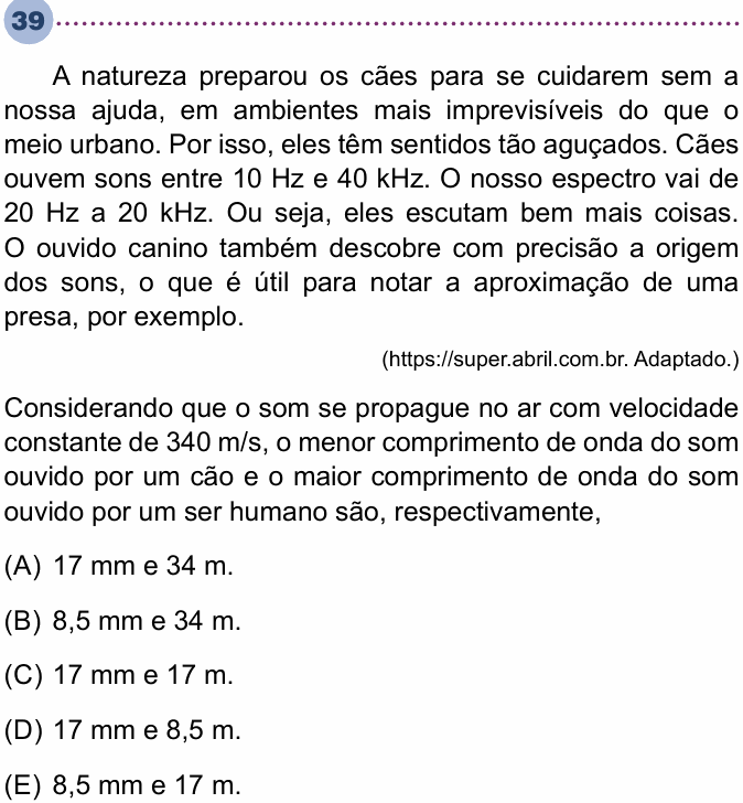 Enunciado da questão 39 de Física do Unisa 2024
