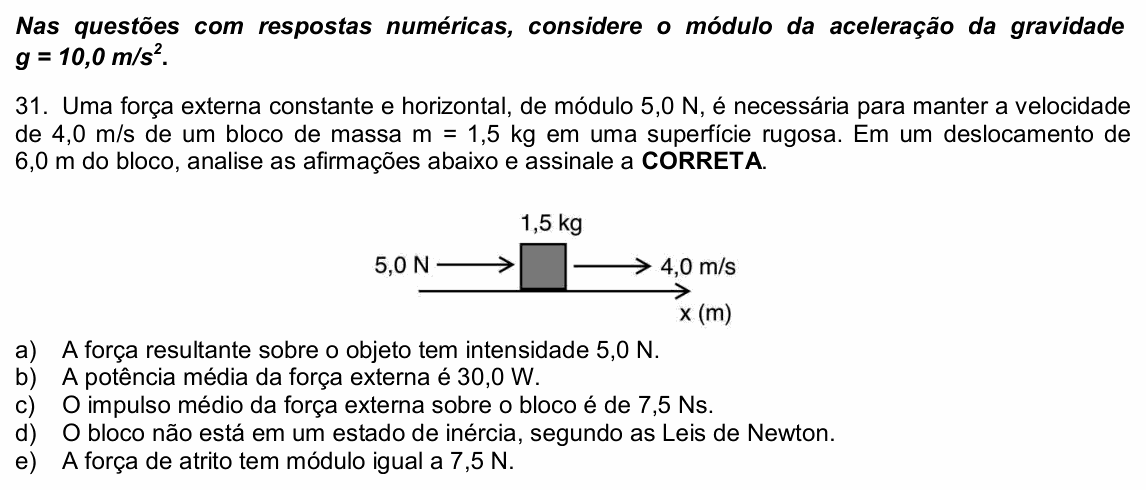 Enunciado da questão 31 de Física do UPE 2021 (SSA 1)