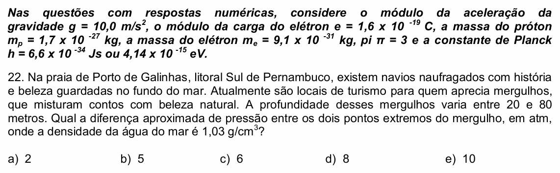 Enunciado da questão 22 de Física do UPE 2021 (SSA 3)