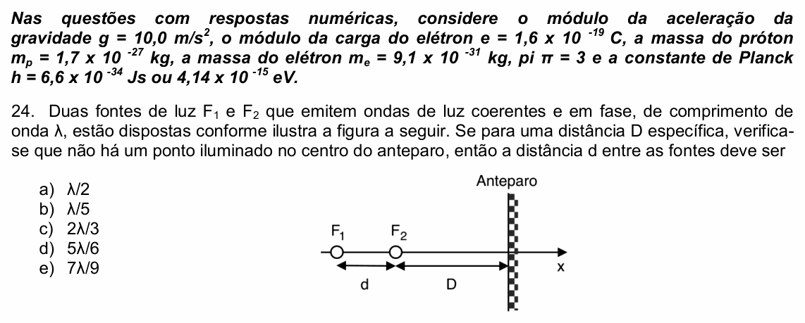 Enunciado da questão 24 de Física do UPE 2021 (SSA 3)