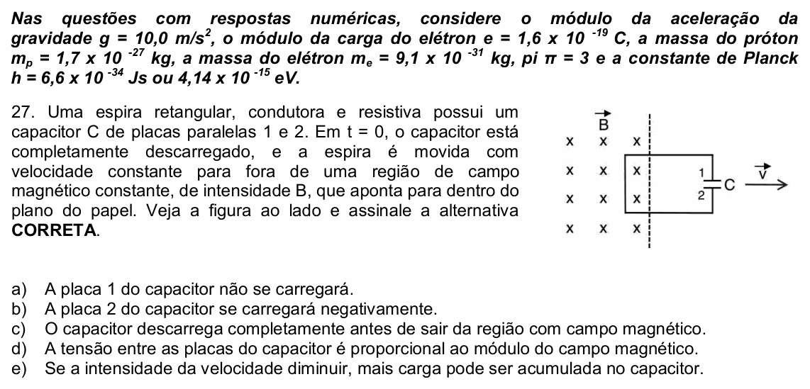 Enunciado da questão 27 de Física do UPE 2021 (SSA 3)