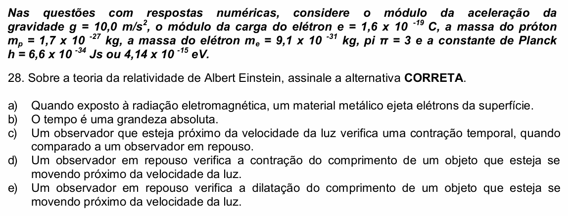 Enunciado da questão 28 de Física do UPE 2021 (SSA 3)