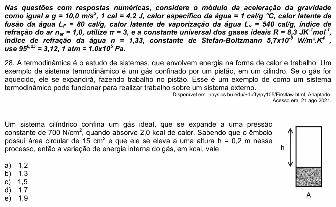 Enunciado da questão 28 de Física do UPE 2022 (SSA 2)