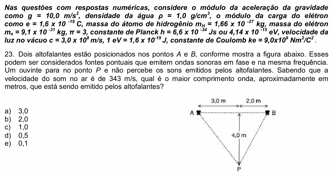 Enunciado da questão 23 de Física do UPE 2022 (SSA 3)