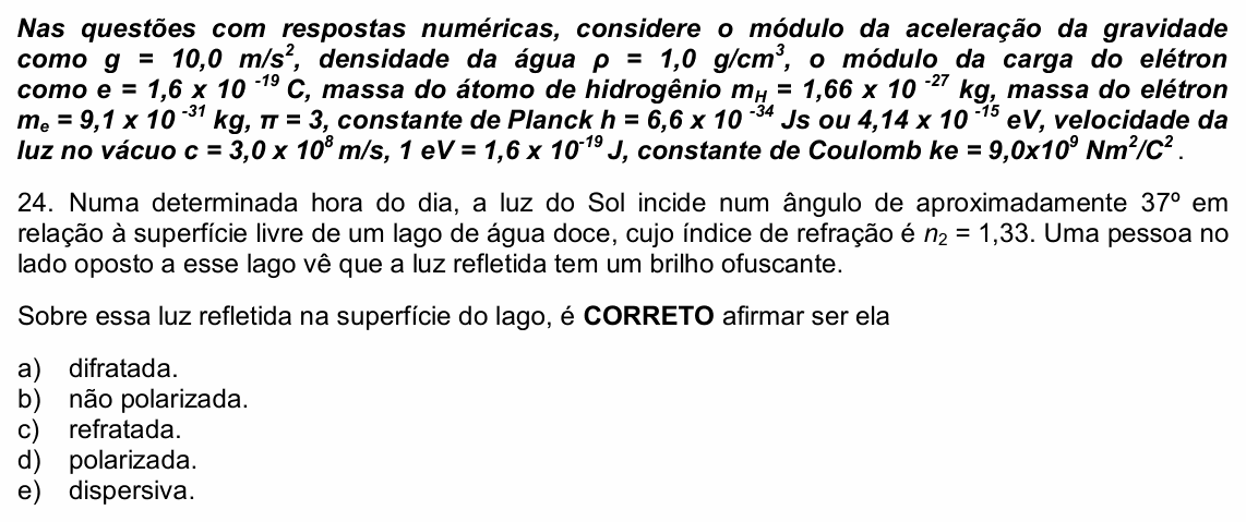 Enunciado da questão 24 de Física do UPE 2022 (SSA 3)