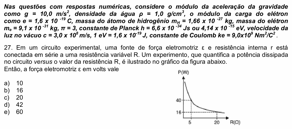 Enunciado da questão 27 de Física do UPE 2022 (SSA 3)