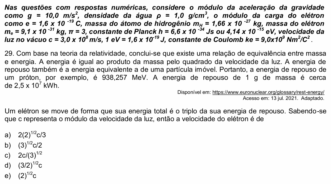 Enunciado da questão 29 de Física do UPE 2022 (SSA 3)