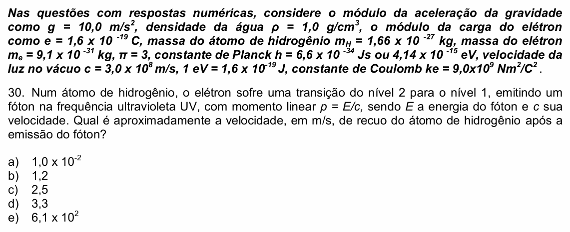 Enunciado da questão 30 de Física do UPE 2022 (SSA 3)