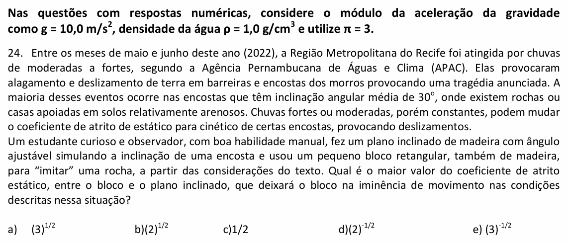 Enunciado da questão 24 de Física do UPE 2023 (SSA 1)