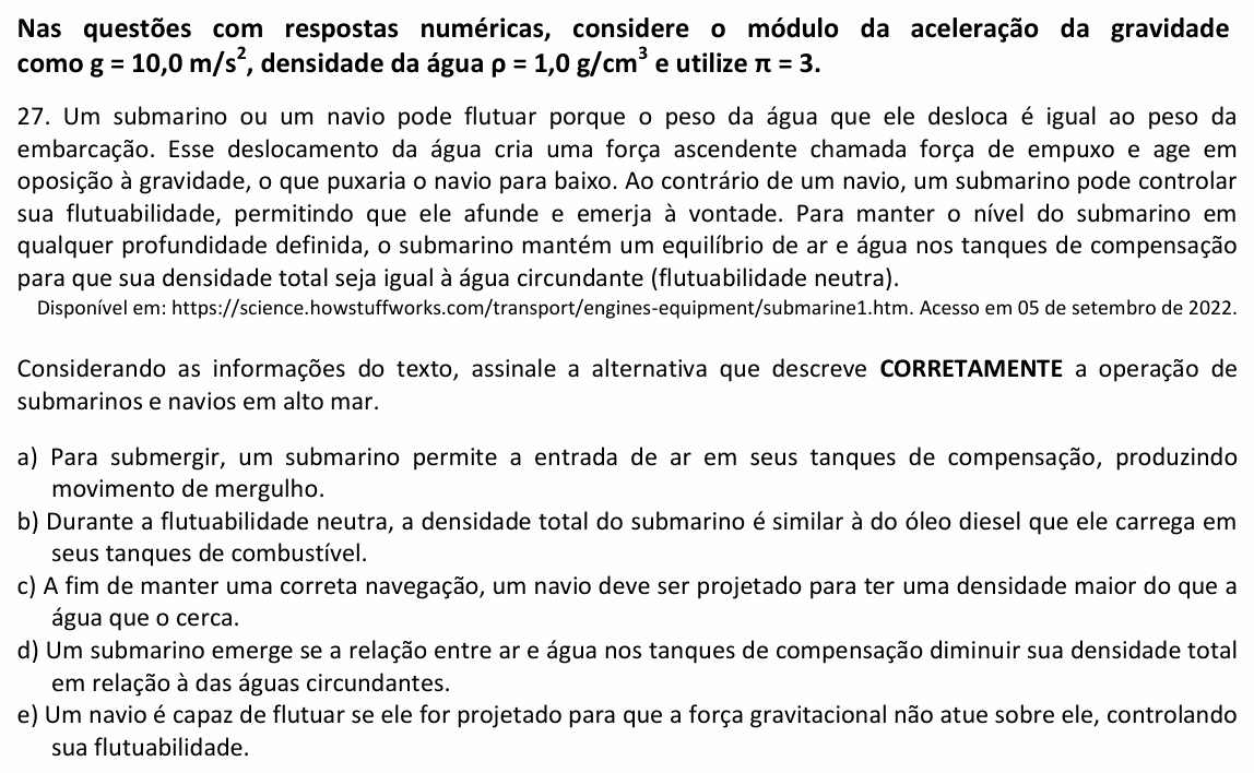Enunciado da questão 27 de Física do UPE 2023 (SSA 1)