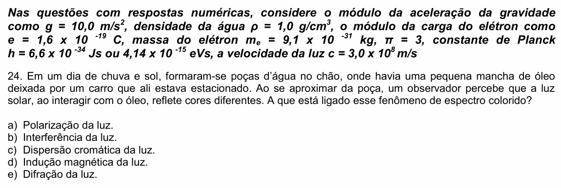 Enunciado da questão 24 de Física do UPE 2023 (SSA 3)
