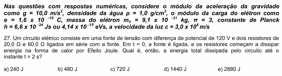 Enunciado da questão 27 de Física do UPE 2023 (SSA 3)