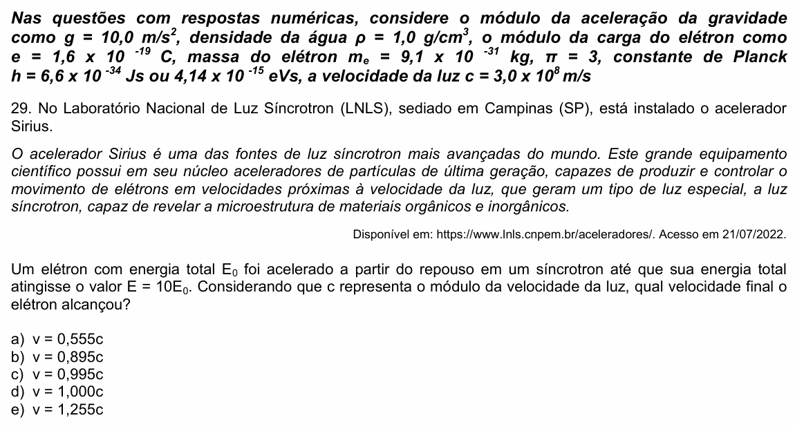 Enunciado da questão 29 de Física do UPE 2023 (SSA 3)