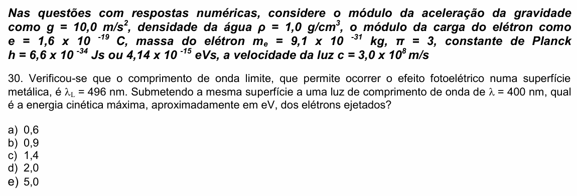 Enunciado da questão 30 de Física do UPE 2023 (SSA 3)