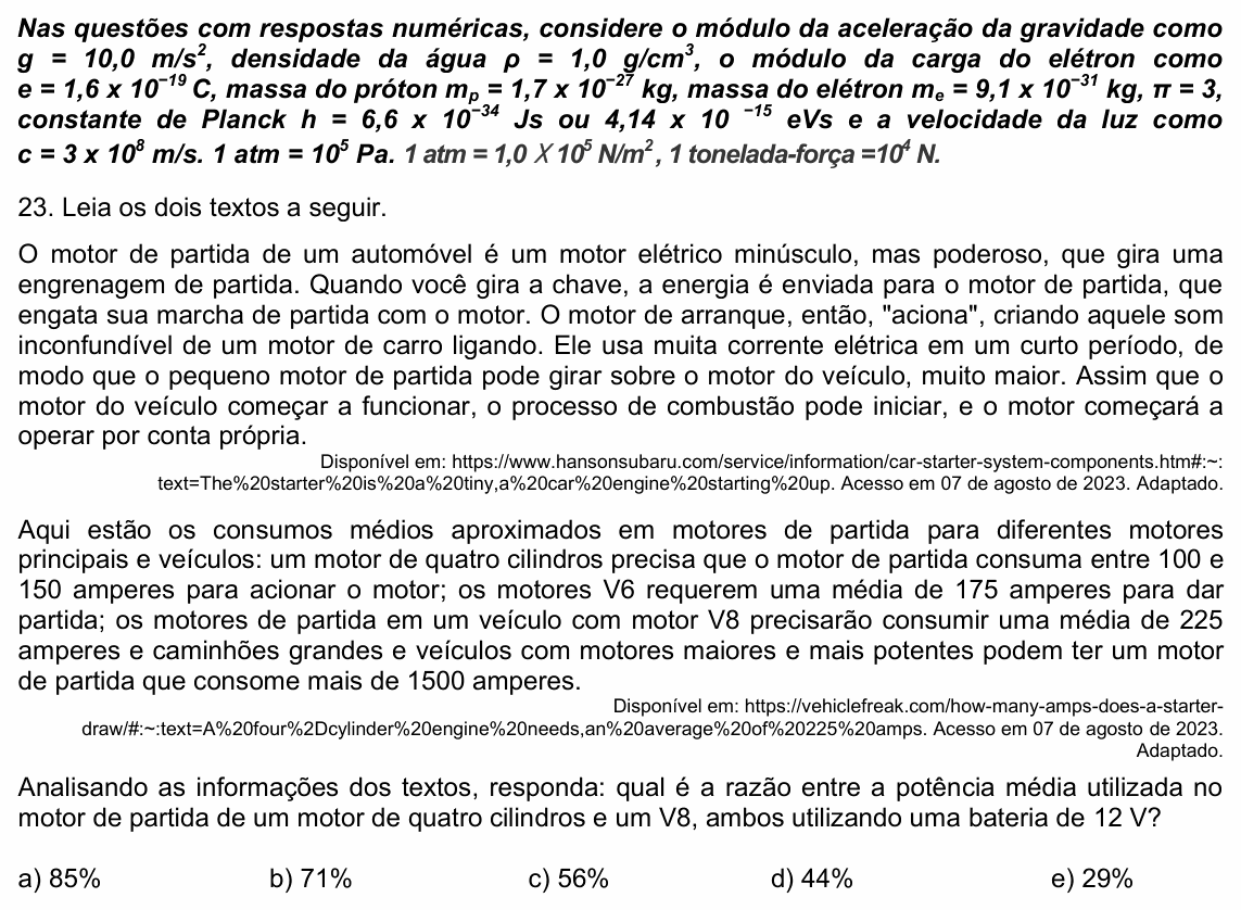Enunciado da questão 23 de Física do UPE 2024 (SSA 3)