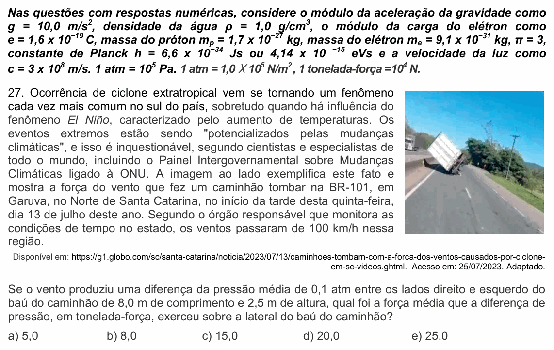 Enunciado da questão 27 de Física do UPE 2024 (SSA 3)