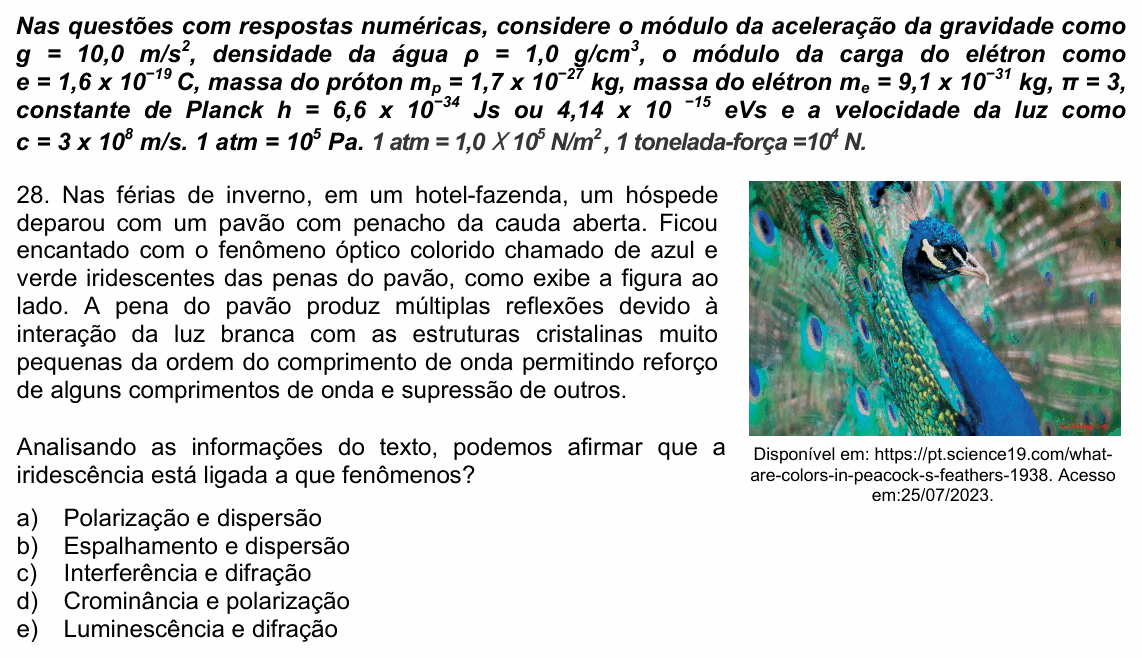 Enunciado da questão 28 de Física do UPE 2024 (SSA 3)