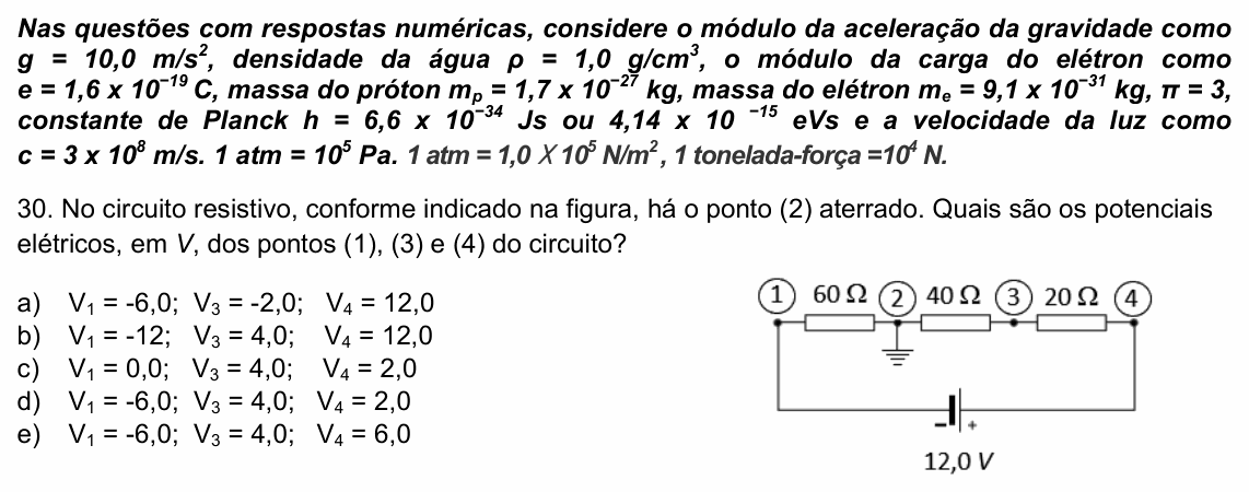 Enunciado da questão 30 de Física do UPE 2024 (SSA 3)