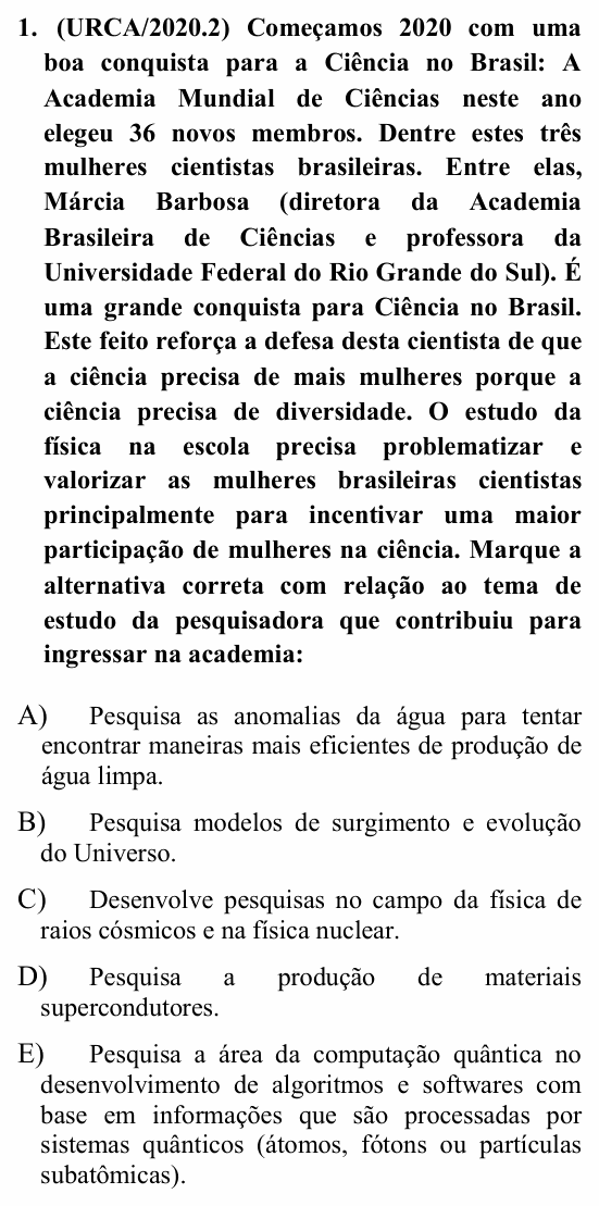Enunciado da questão 1 de Física do URCA 2020 (PSU 2020.2)