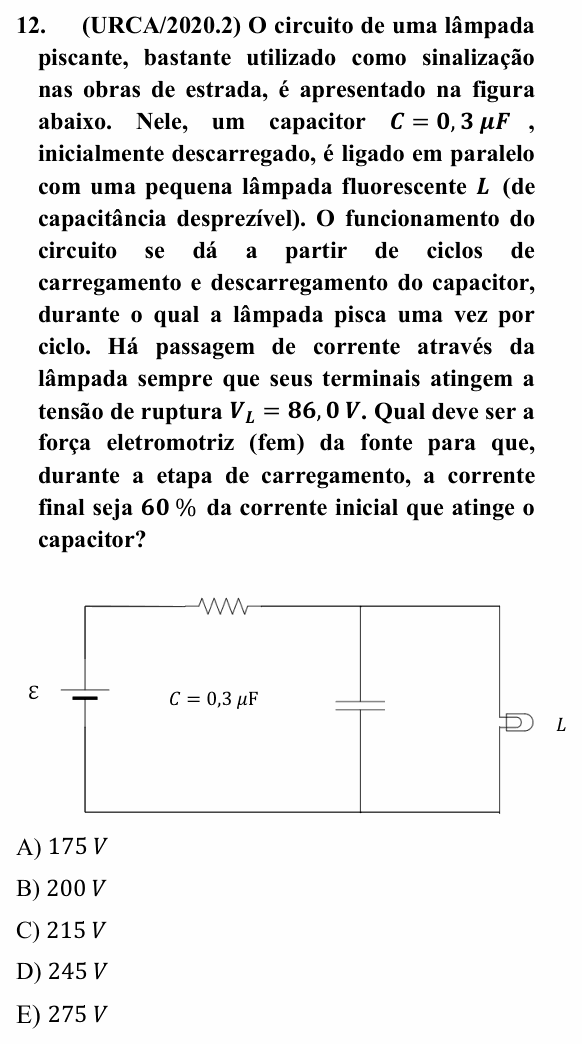 Enunciado da questão 12 de Física do URCA 2020 (PSU 2020.2)