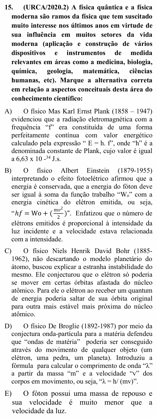 Enunciado da questão 15 de Física do URCA 2020 (PSU 2020.2)