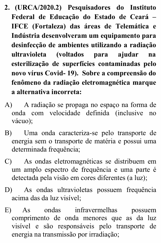 Enunciado da questão 2 de Física do URCA 2020 (PSU 2020.2)