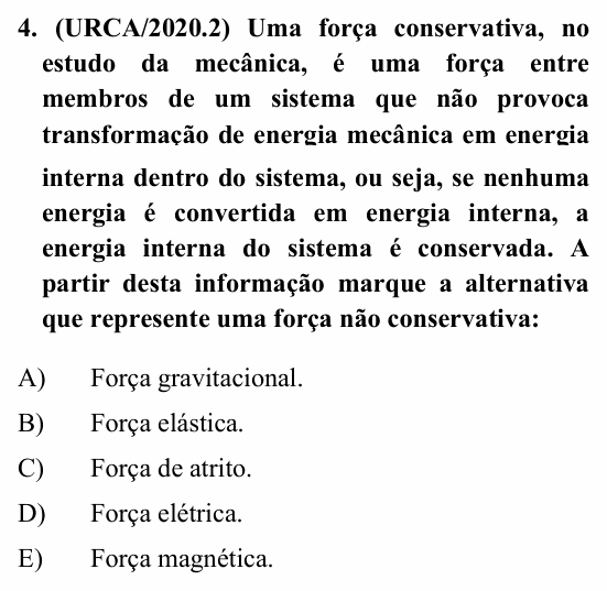 Enunciado da questão 4 de Física do URCA 2020 (PSU 2020.2)