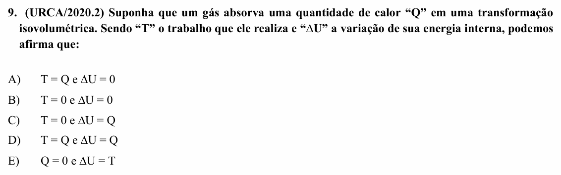 Enunciado da questão 9 de Física do URCA 2020 (PSU 2020.2)