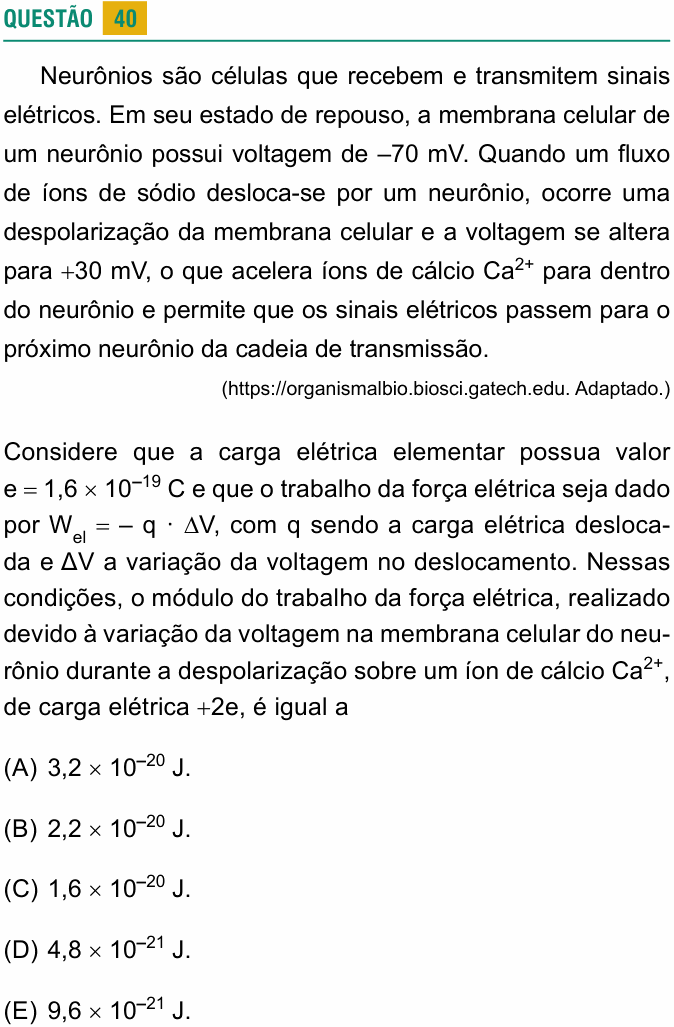 Enunciado da questão 40 de Física do USCS 2024 (2º semestre)