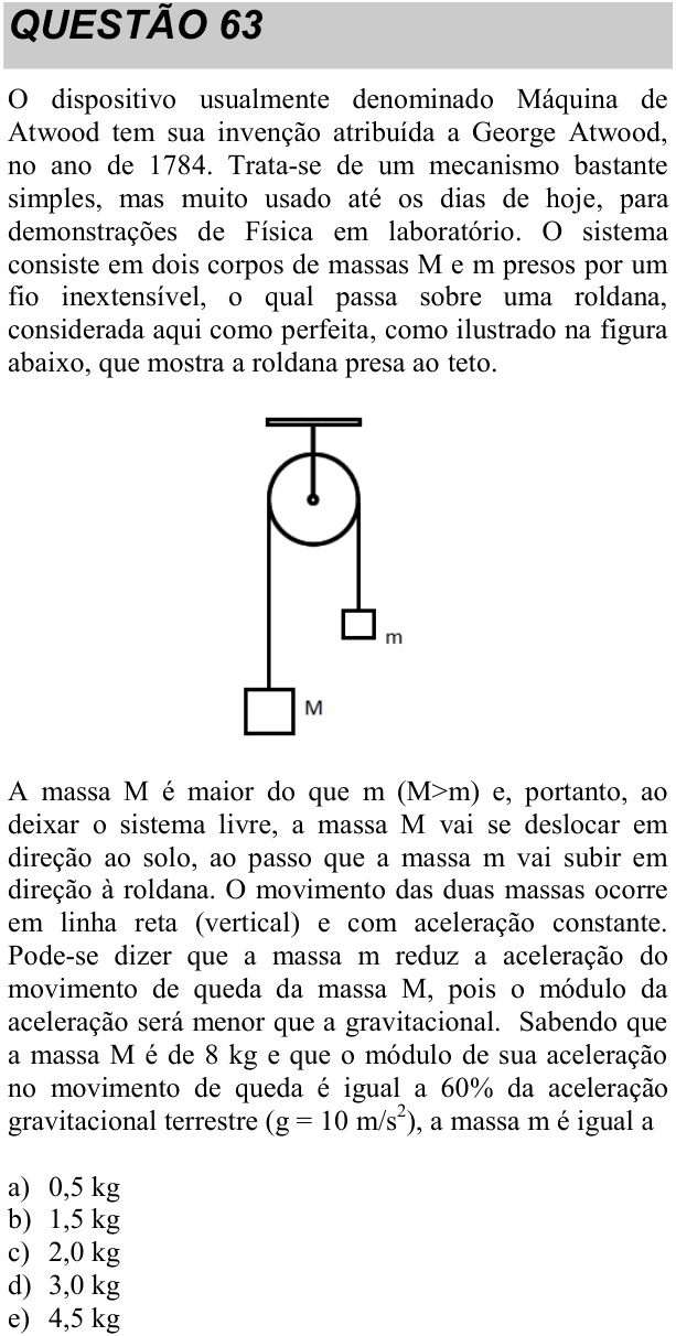 Enunciado da questão 63 de Física do UNITAU 2017 (inverno)