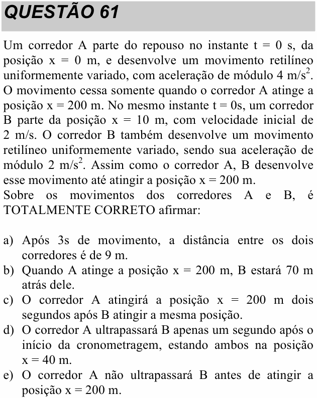 Enunciado da questão 61 de Física do UNITAU 2020 (verão)